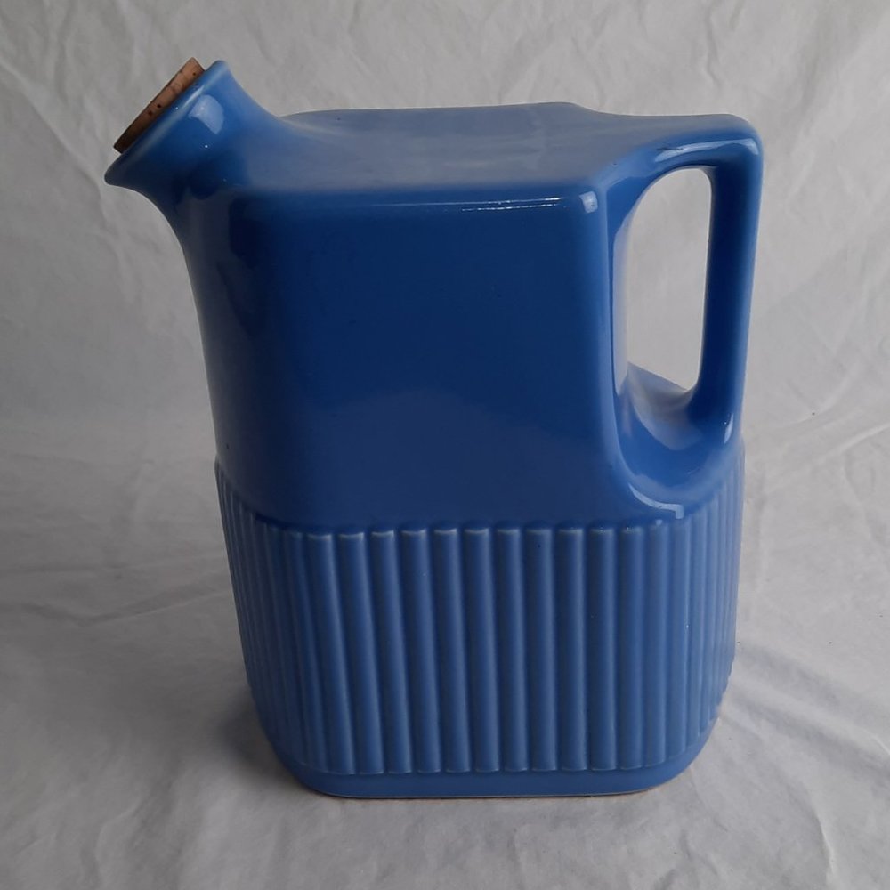 SOLD RARE Midcentury Blue Ceramic Refrigerator Pitcher with Cork Stopper - Picture 2 of 7
